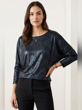 White House Black Market Metallic Python Scales Foil Boatneck Top in Black XS